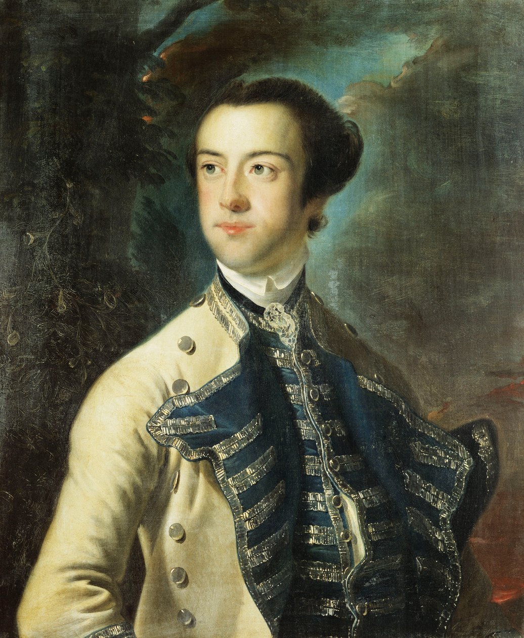 Thomas Hanway félhosszú portréja bézs kabátban, kék és ezüst borítással, kék és ezüst mellényben, kalapot tart a hóna alatt, tájkép, alkotó: Joseph Wright of Derby