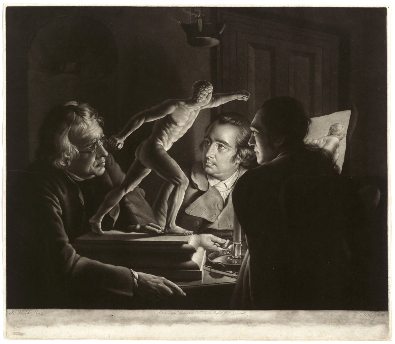 Három személy nézi a Gladiátort gyertyafénynél, William Pether metszet, 1769 alkotó: Joseph Wright of Derby
