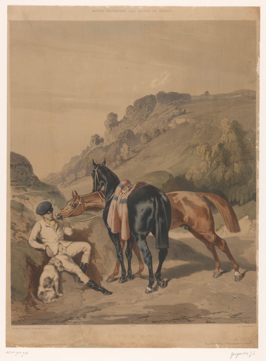 Két ló pihenő lovas a tájon Lovak Alfred de Dreux után (sorozat címe) Motifs équestres d