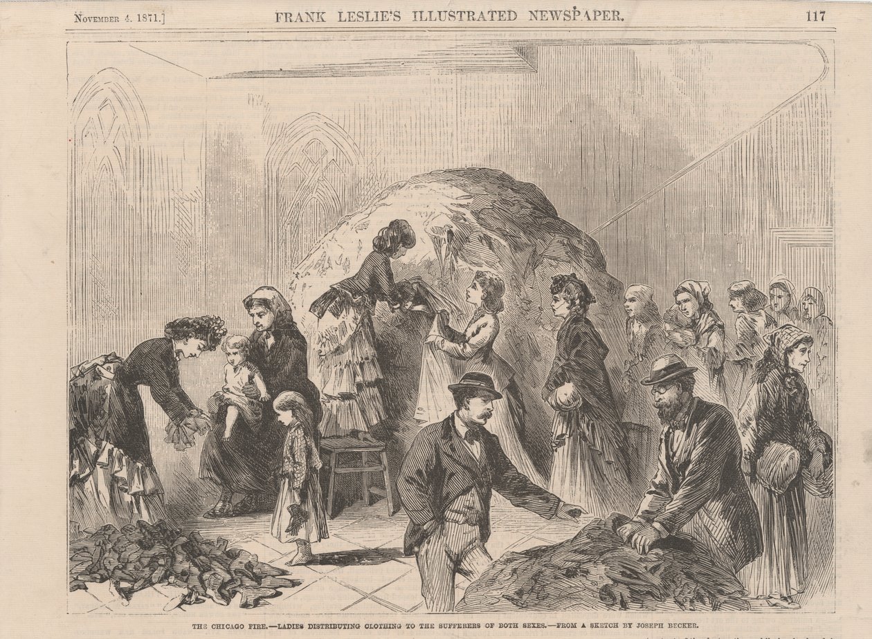A chicagói tűz: hölgyek ruhát osztanak mindkét nemben szenvedőknek, illusztráció a Frank Leslies Illustrated Newspaperből, 1871 alkotó: Joseph after Becker