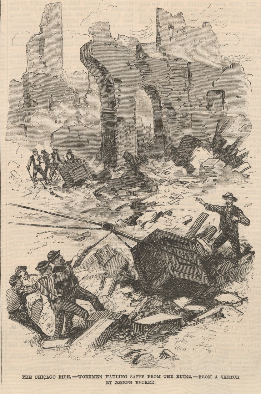 Munkások széfeket cipelnek a romokból, illusztráció a Frank Leslies Illustrated Newspaperből, 1871 alkotó: Joseph after Becker