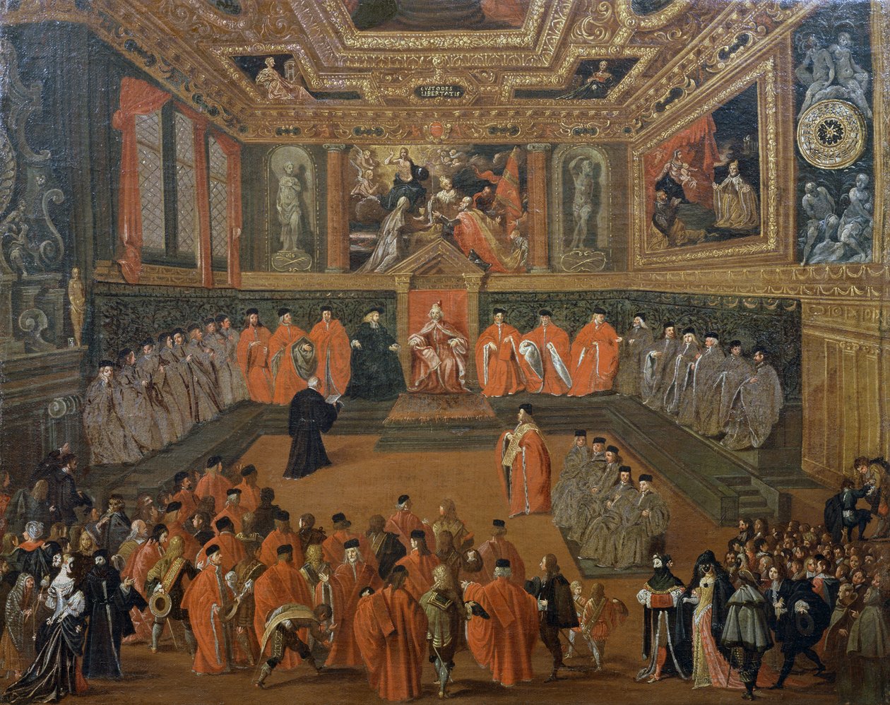 Dózse meghallgatása a velencei hercegi palota tanácstermében, Joseph Heintz Younger festménye (kb. 1600-1678) alkotó: Joseph the younger Heintz