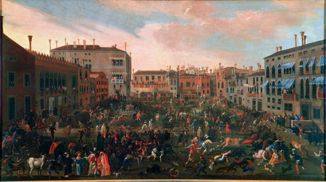 Bikavadászat a velencei Campo San Polo-ban 1648-ban. A hagyományos Bika-vadászat a velencei kis téren (campi) zajlott, különösen vad kutyákkal. Joseph Heintz Je Jeune (1600-1678) festménye. Venezia, Museo Correr alkotó: Joseph the younger Heintz