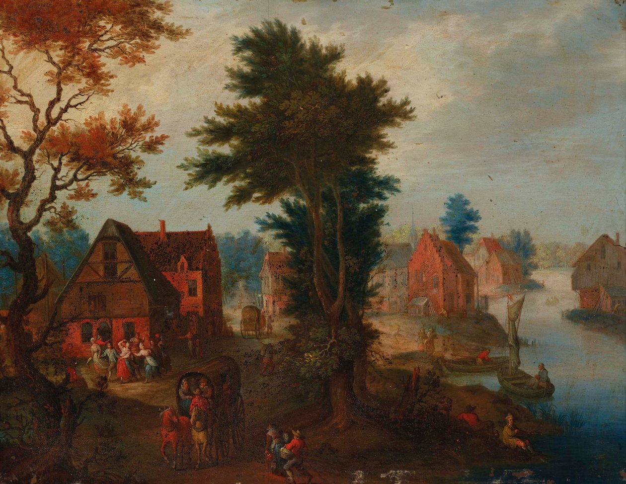 Folyami táj csónakokkal és kocsikkal egy falu mellett alkotó: Joseph van Bredael