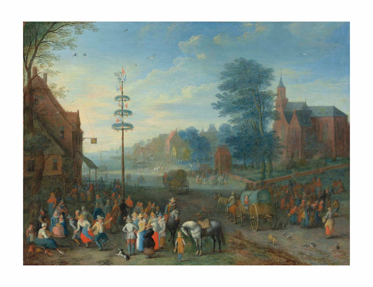 Falusi kermesse májusfa körül táncoló figurákkal (olaj, réz) alkotó: Joseph van Bredael