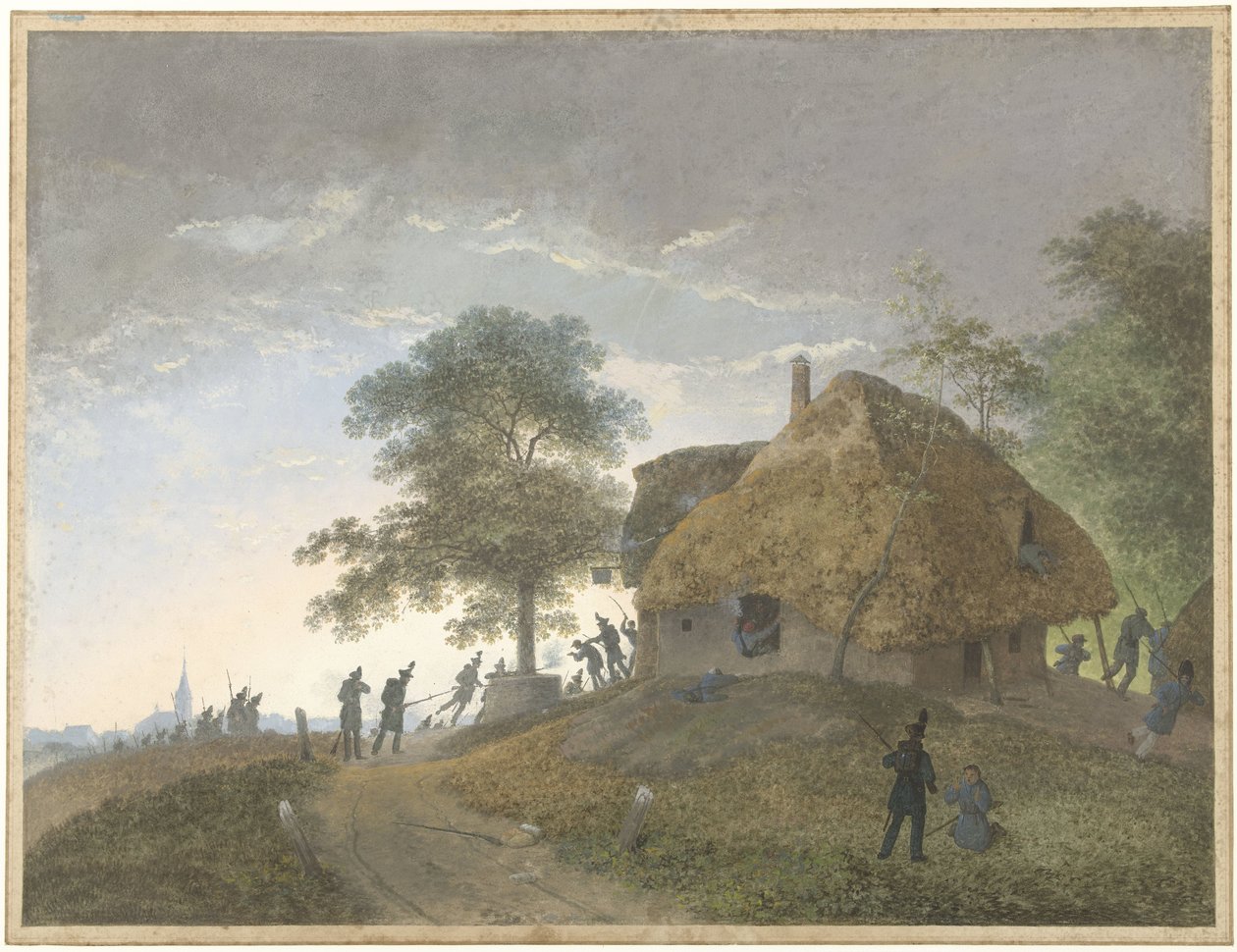Csata egy fogadóban vagy nádfedeles házban egy dombon alkotó: Josephus Augustus Knip