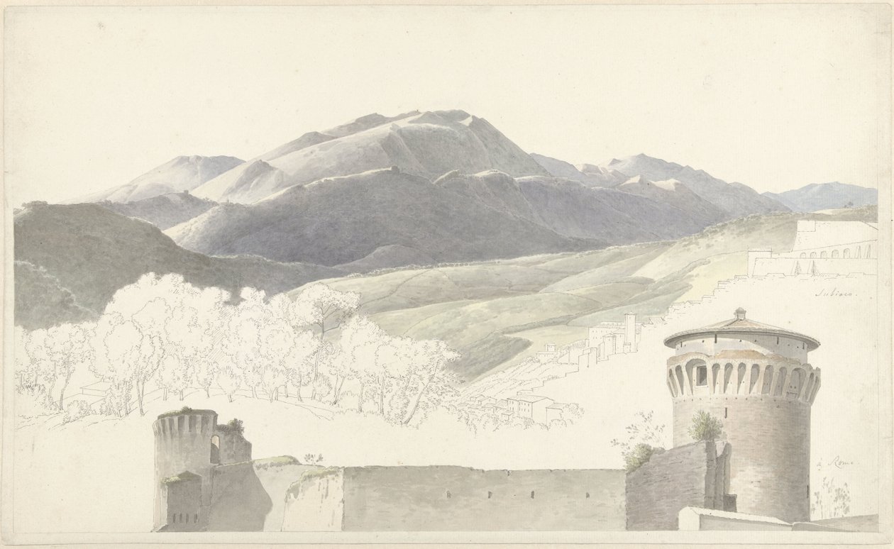 Táj Subiaco és épület Rómában alkotó: Josephus Augustus Knip