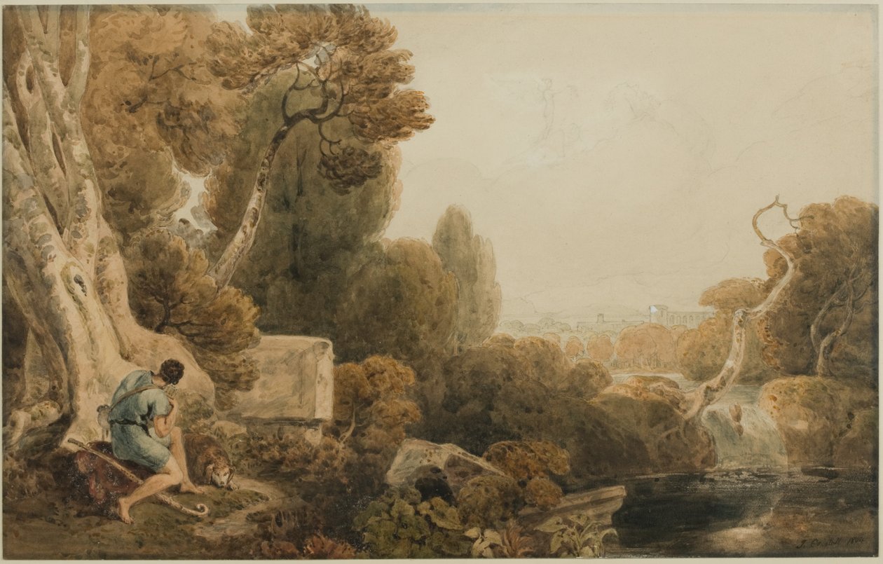 Klasszikus hajnali táj pásztorfigurákkal és Aurórával a szekerén, 1804 (ceruza és WC papíron) alkotó: Joshua Cristall