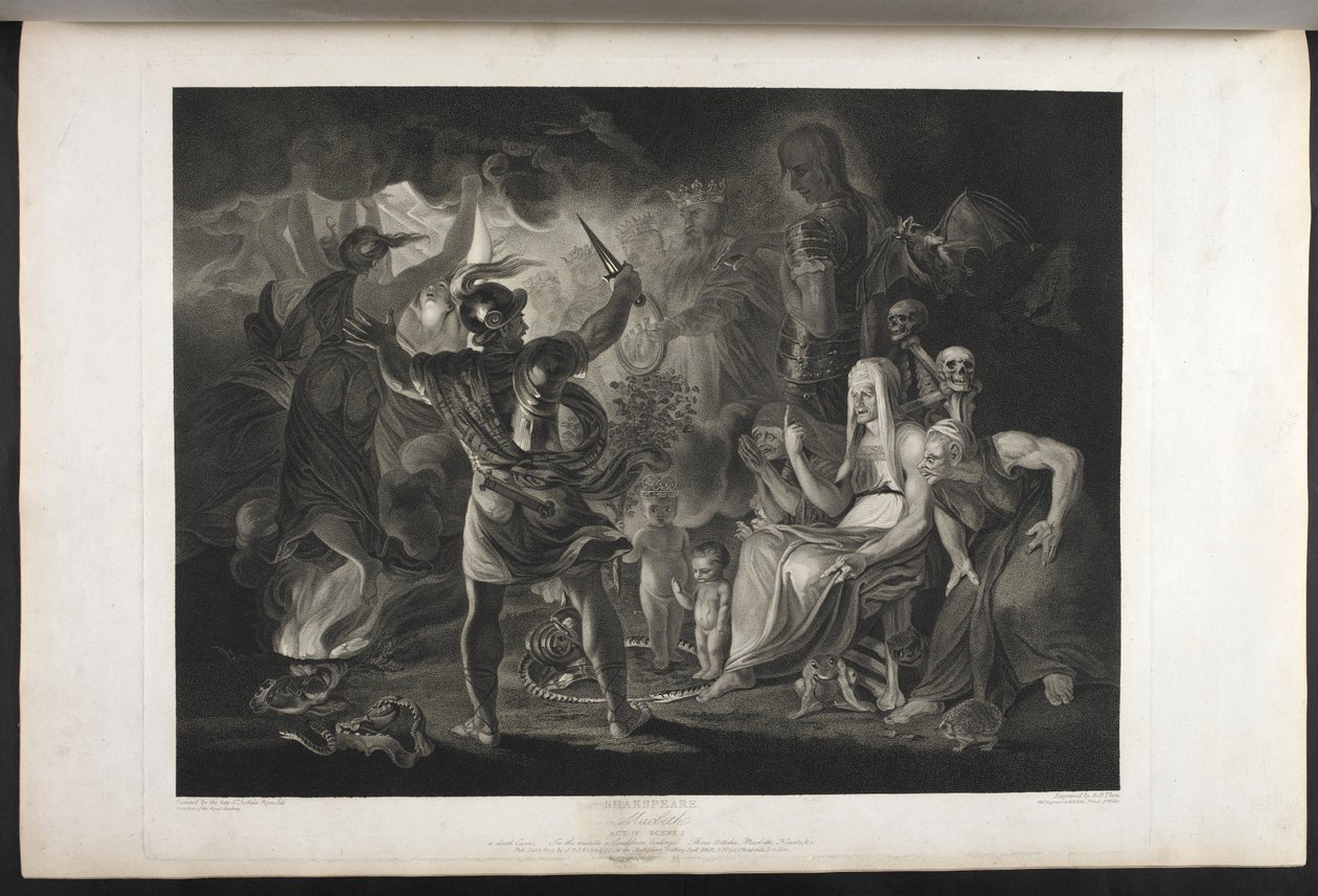 Macbeth.
IV. felvonás. I. jelenet.
Egy sötét barlang. Középen egy üst forr. Három boszorkány. Macbeth. Hekaté.
Macbeth szembenéz a boszorkányokkal és a jelenésekkel; lábainál, egy feltekeredett kígyó belsejében egy kis véres gyermek áll, és egy koronát  alkotó: Joshua (after) Reynolds