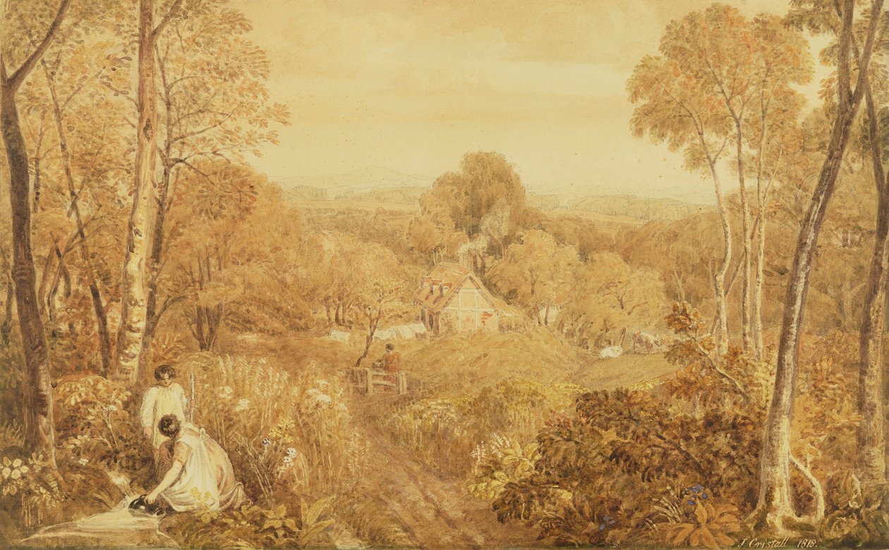 Erdős táj házikókkal és vidéki nőkkel, Hurley, Berks, 1818 (wc grafit felett, papíron) alkotó: Joshua Cristall