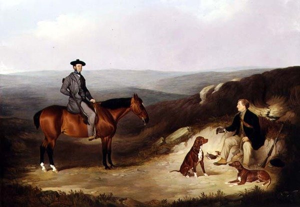 John Kerr Watson lövöldözős pónira ülve őrzőjével a Yorkshire Moors-on (olaj, vászon) alkotó: Joshua Dalby