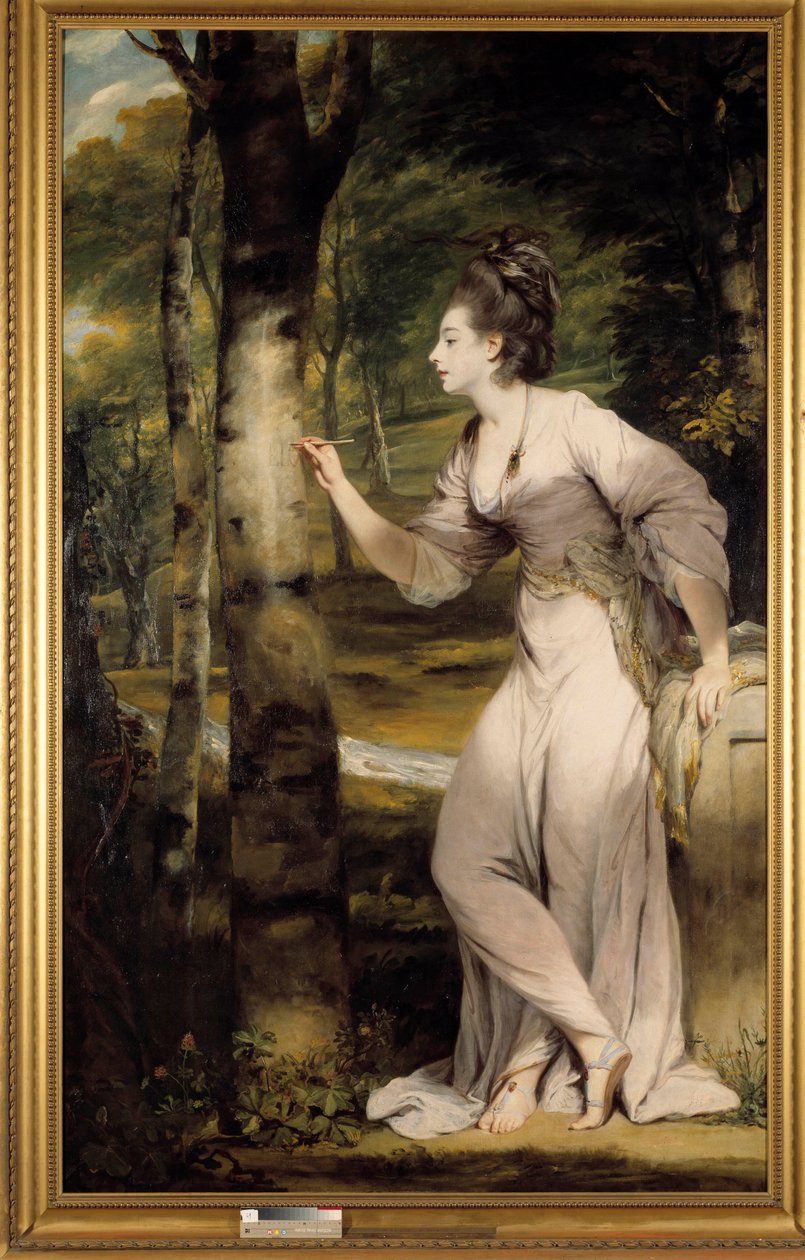 Egy nagy eleganciájú nő ad nevet egy fatörzsön, romantikus hangulatban. Joshua Reynolds (1723-1792) festménye. 18. század. Gyűjtemény privee – Mrs Lloyd teljes alakos portréja: Egy elegáns nő romantikus hangulatban nevet farag egy fatörzsre alkotó: Joshua Reynolds