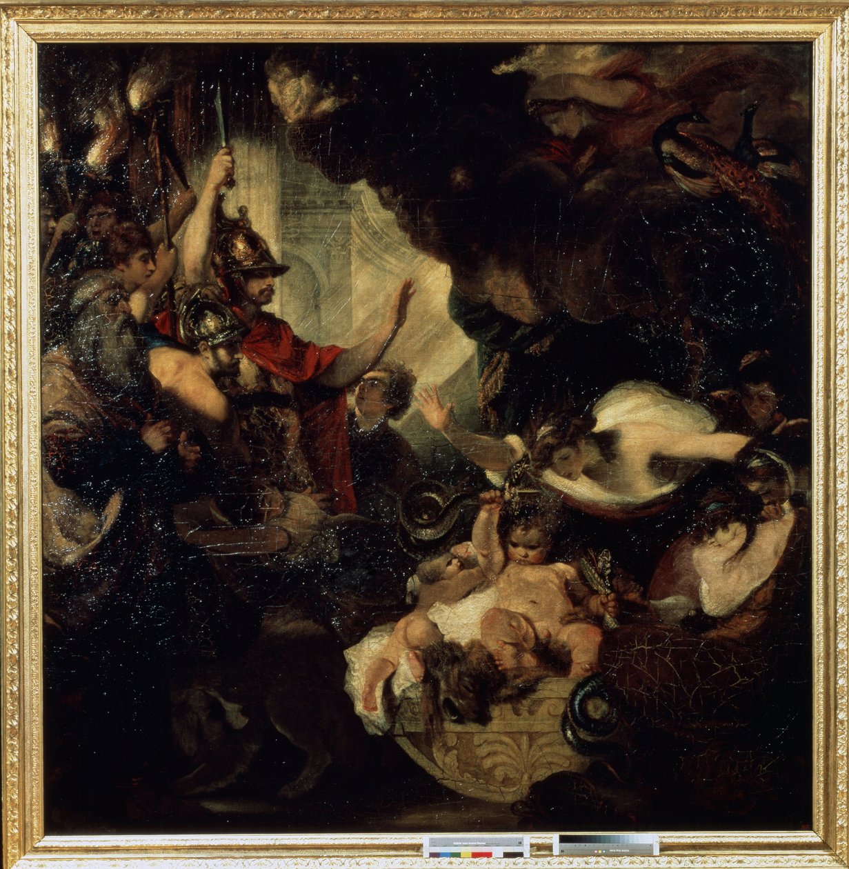 Herkules csecsemő megfojtja a kígyókat A bemutatott szereplők közül: Tiresias látnok (balra) és Juno istennő (Héra) pávákkal (jobbra fent). Sir Joshua Reynolds (1732-1792) festménye alkotó: Joshua Reynolds