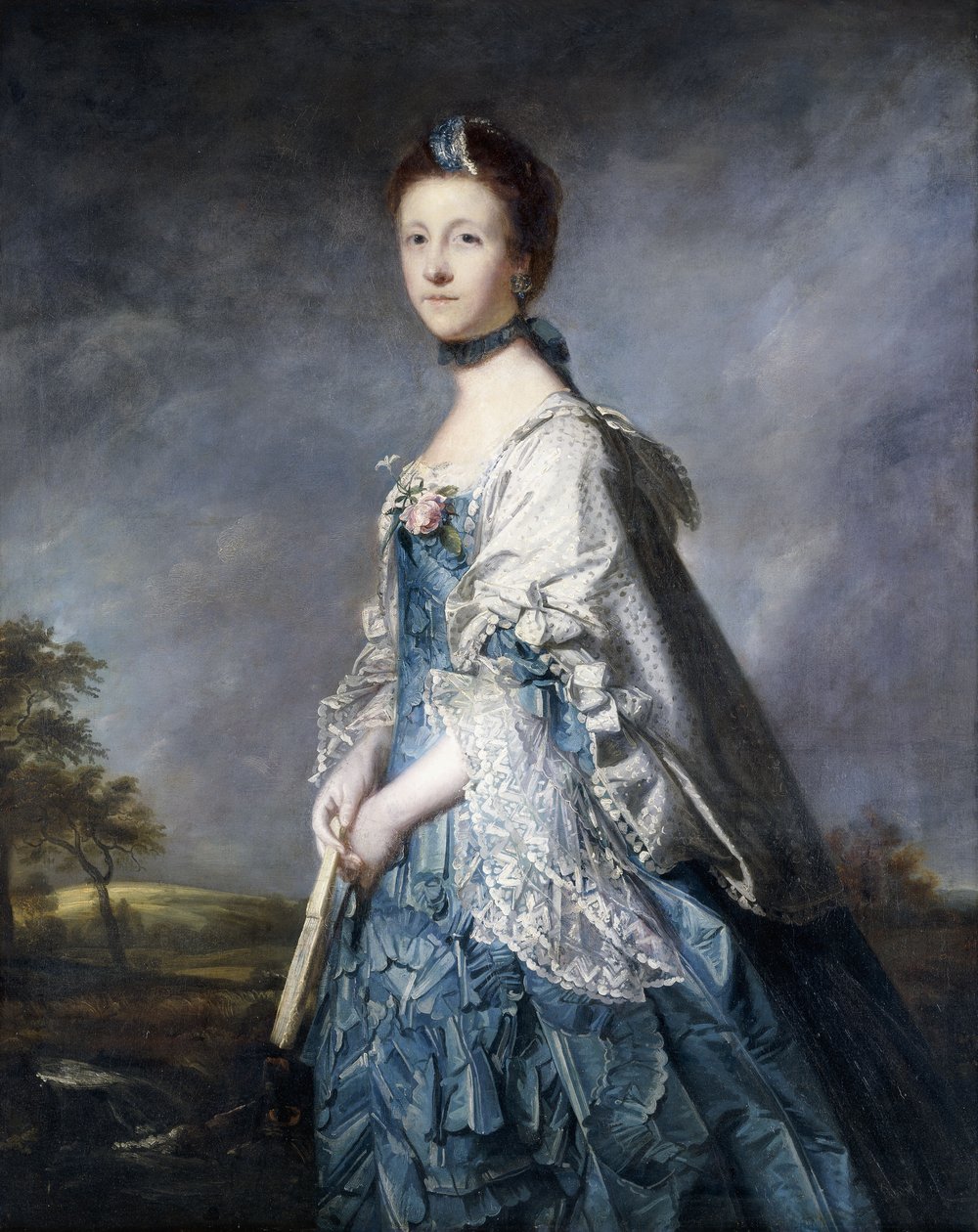 Anne, Winterton grófnő portréja, álló háromnegyed hosszúságú, kék ruhát és csipkével szegett kendőt visel, legyezőt tartva, tájban, alkotó: Joshua Reynolds