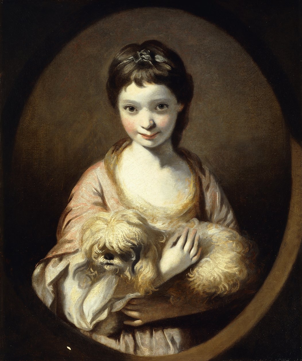 Miss Emilia Vansittart portréja, félhosszú, rózsaszín-fehér ruhát visel, kutyát tartva, 1767-68 körül alkotó: Joshua Reynolds