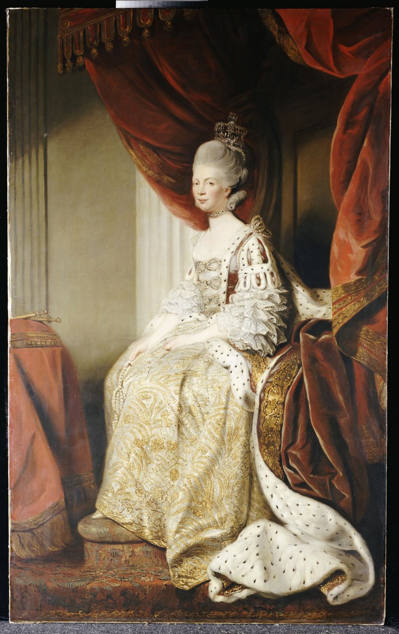 Charlotte királynő portréja, teljes alakban, állami köntösben ülve alkotó: Joshua Reynolds
