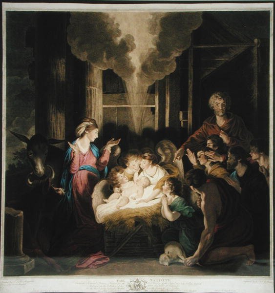 A születés, Josiah Boydell rajzolta és G.J. és J.G. Fracius metszette (színes metszet) alkotó: Joshua after Reynolds