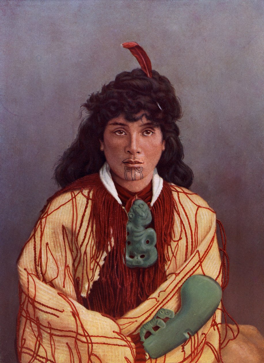 Egy fiatal maori nő, Susan Rotorua portréja, 1890 körül (színes litó egy albuminnyomat után) alkotó: Josiah Martin