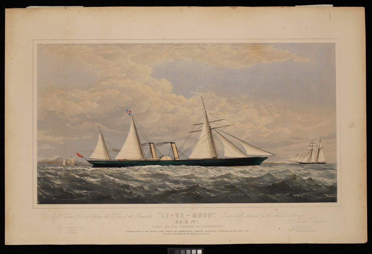 A kínai Dent  Co cégnek, a Ly-Ee-Moon gőzhajóról, Norman Hill, Esqr Commander...., amelyet a Thames Iron Works and Shipbuilding Company, Blackwall...,, 1860 körül (litográfia, színes) alkotó: Josiah Taylor