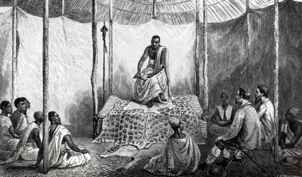 Kamrasi első leckéje a Bibliában, illusztrációja John Hanning Speke „A Journal of the Discovery of the Nílus” című könyvéből, amelyet 1864-ben adtak ki alkotó: Josiah Wood Whymper