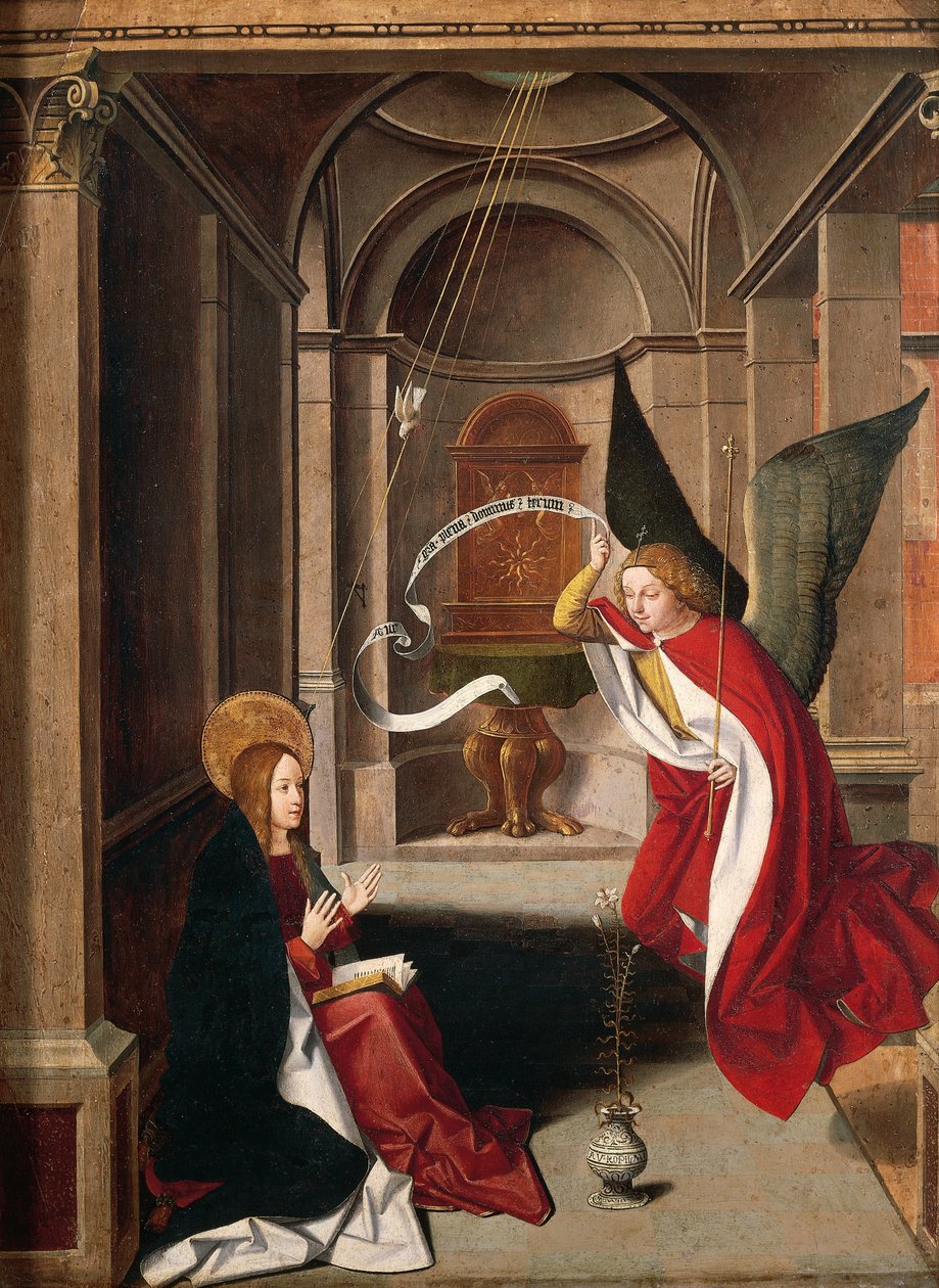 Angyali üdvözlet, Josse Lieferinxe (meghalt 1508 előtt), részlet alkotó: Josse (fl.1493 1508) Lieferinxe