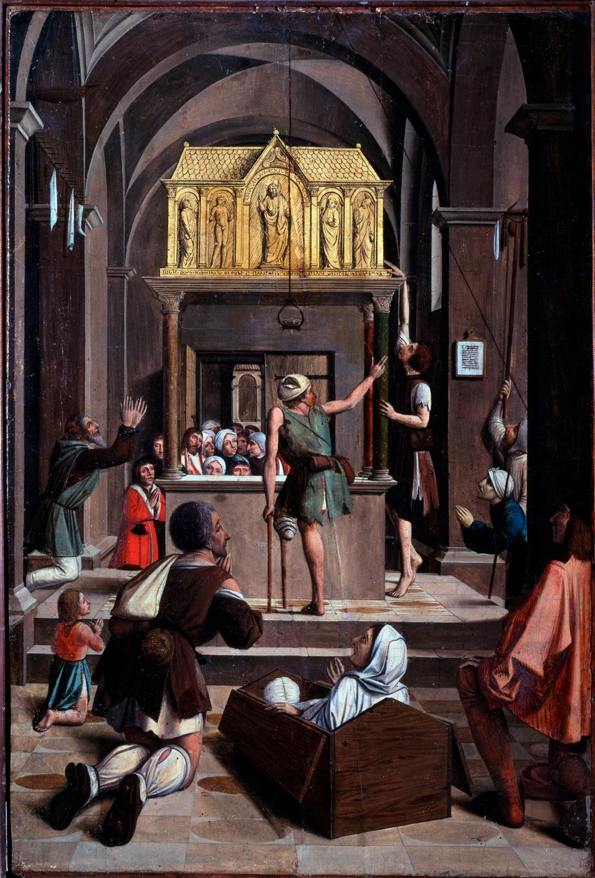 Szent Sebestyén élete: zarándokok Szent Sebestyén sírján - olaj, fa alkotó: Josse (fl.1493 1508) Lieferinxe