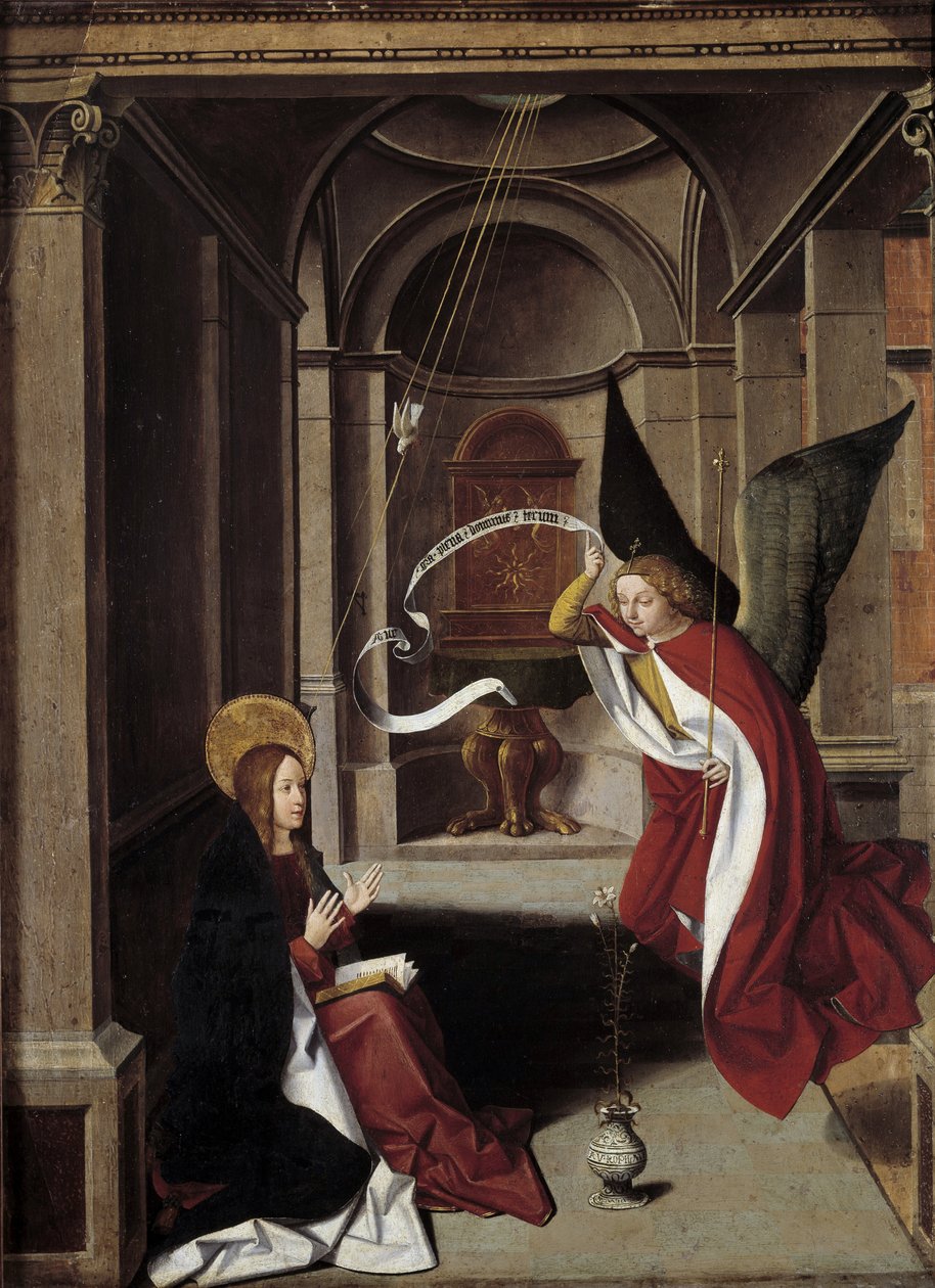 A Szűz élete: „Az Angyali üdvözlet” (festmény) alkotó: Josse (fl.1493 1508) Lieferinxe