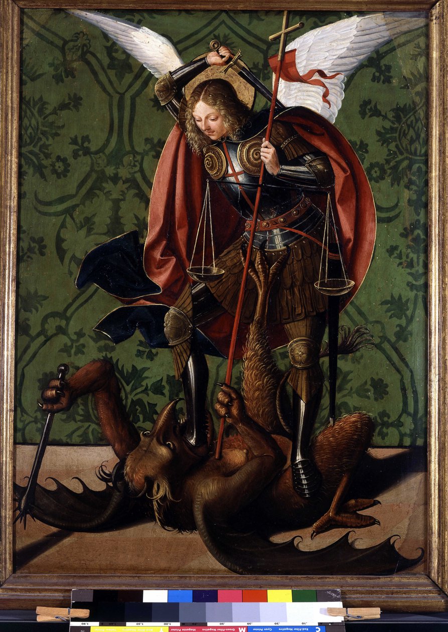 Oltárkép hátoldala: Szent Michel legyőzi a démont. Josse Lieferinxe festménye, 1493-1508 között aktív alkotó: Josse (fl.1493 1508) Lieferinxe