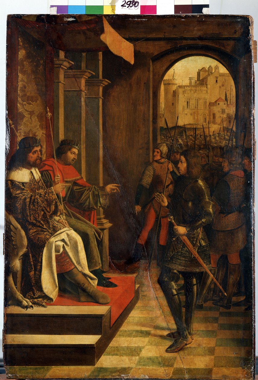 ""Szent Sebastien Diocletianus és Maximianus császár előtt"" (Szent Sebastien Diokletianus és Maximianus császár előtt). Diocletianus (Gaius Aurelius Valerius Diocletianus, 245-316) és Maximian Hercules (Marcus Aurelius Valerius Maxim Maxim) római császáro alkotó: Josse (fl.1493 1508) Lieferinxe