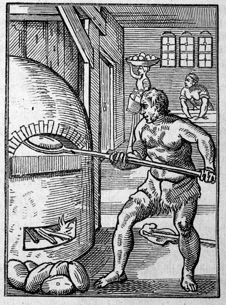 Egy pék, aki kenyeret süt a kemencében. Jost Amman (1539-1591) metszete 16. század. alkotó: Jost Amman