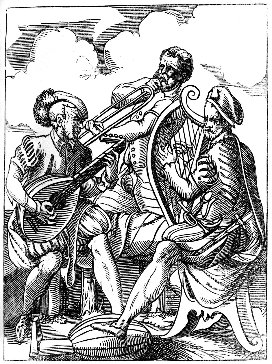 Gitáros, lantművész és harsonás, 1849. XVI. század. alkotó: Jost Amman