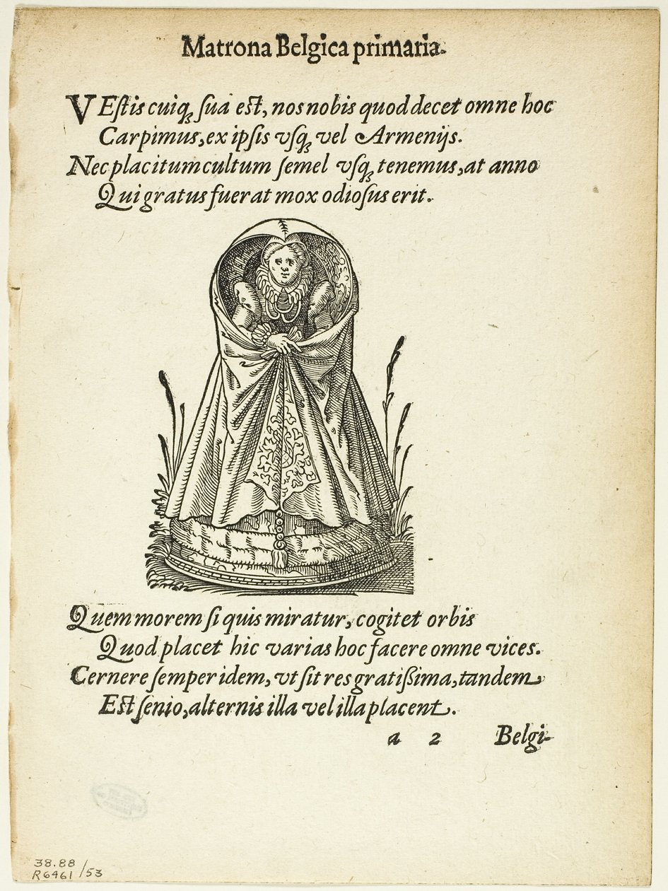 Matrona Belgica primaria (Első rangú belga matróna) a Gynaeceum, sive Theatrum Mulierum című kötetből, 53. tábla a Woodcuts from Books from the XVI Century (Fadarabok XVI. századi könyvekből) című kötetből. alkotó: Jost Amman