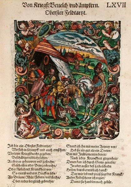 Katonai sebészet, Leonhardt Fronsperger (1520-75 körül) "Kriegsbuch dritter theil von Schantzen und Befestungen" című művéből, 1573 (színes fametszet). alkotó: Jost Amman