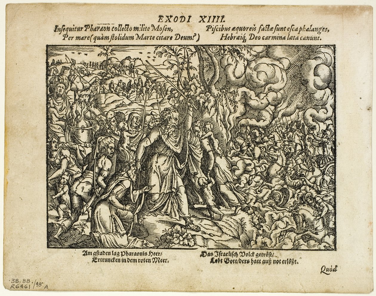 A Vörös-tenger átjárója (recto) és Jákob temetése (verso) a Neuwe Biblische Figurenből, 48. tábla a XVI. századi könyvek fametszeteiből alkotó: Jost Amman