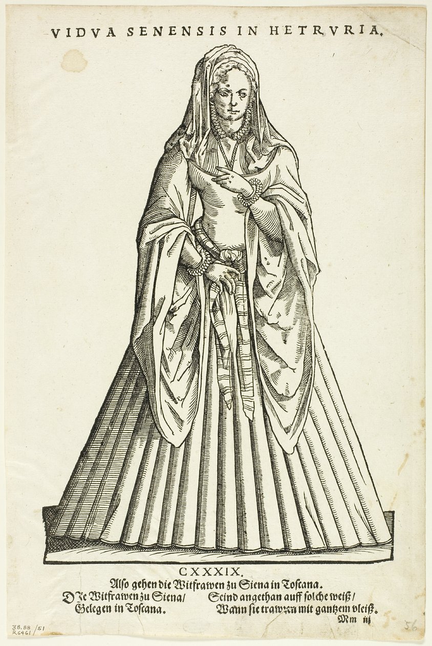 Vidua Senensis in Hetruria (Siena özvegye Toszkánában) H. Weigel Trachtenbuch-jából, 51. tábla a Woodcuts from Books of the XVI Century (Fadarabok XVI. századi könyvekből) című kötetből. alkotó: Jost Amman