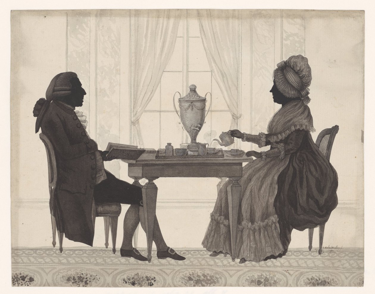 Louis Metayer (*1728) és Antoinette Bernard (*1735) sziluettek az asztalnál alkotó: Jozef Adolf Schmetterling