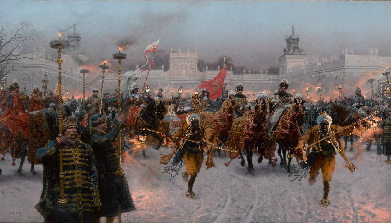 III. Sobieski János és Marysienka indulása Wilanówból, 1897. alkotó: Jozef Brandt