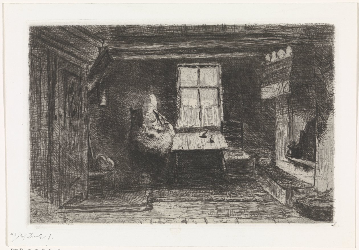 Belső anyával és gyermekével alkotó: Jozef Israëls (signed by artist)