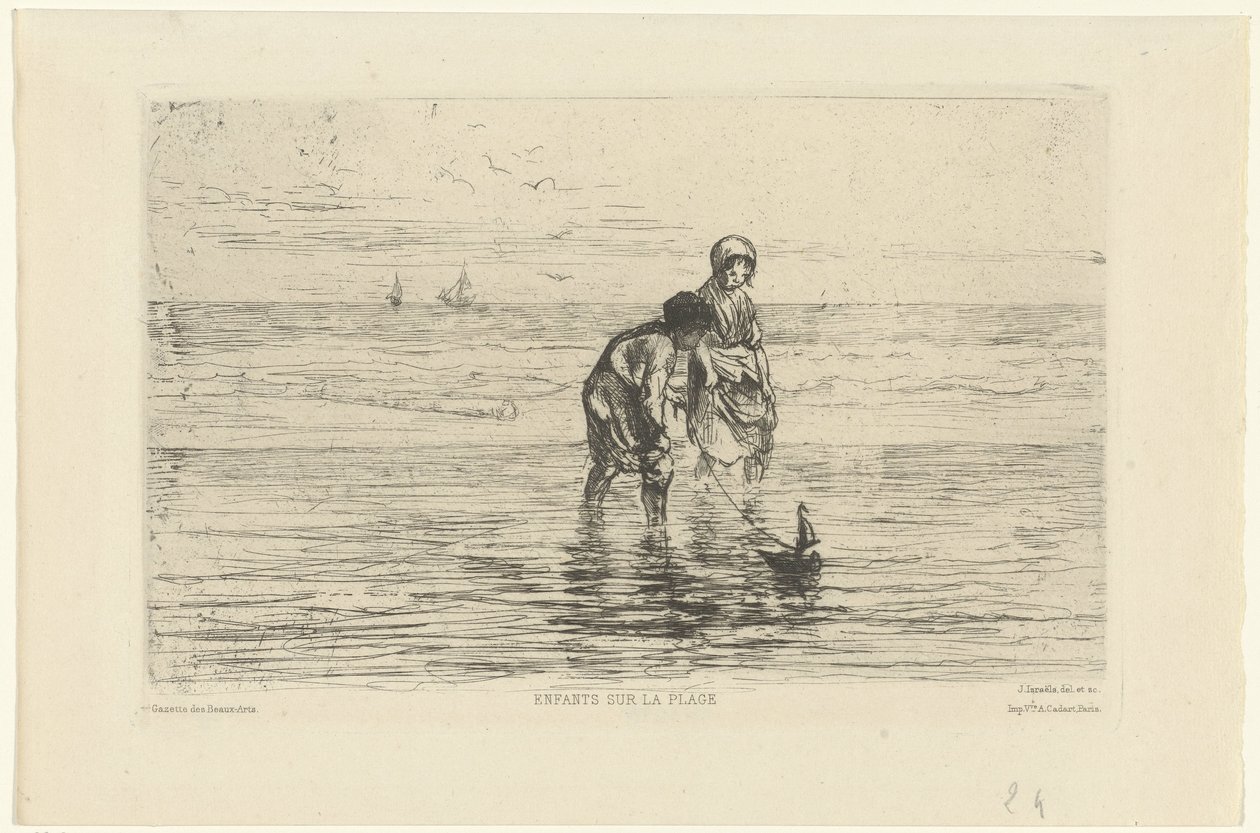 Gyermekek játszanak egy csónakkal a tengerparton Enfants sur la plage (cím a tárgyon) alkotó: Jozef Israëls