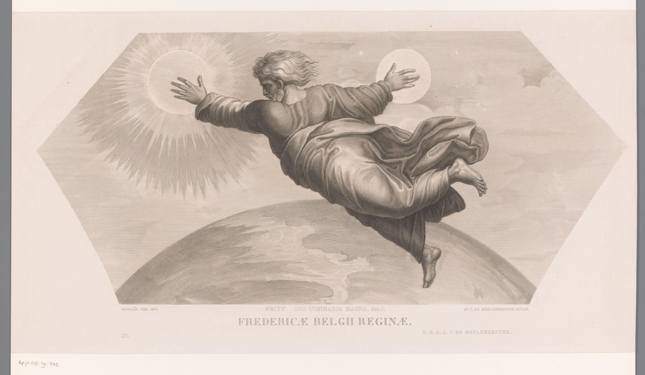 Isten teremti a napot és a holdat Fecit duo luminaria magna. gén. I. Fredericae Belgii reginae (cím a tárgyon) Les loges de Raphaël (...) sujets de la Bible (sorozat címe) Bibliai jelenetek Raphael
