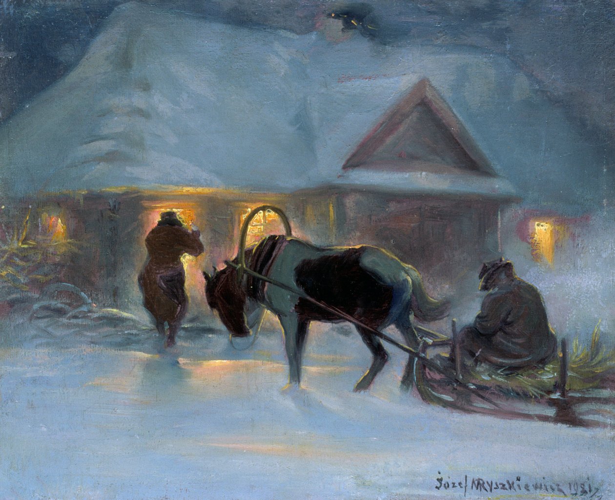 Téli este egy tájház előtt, 1921, alkotó: Jozef Ryszkiewicz