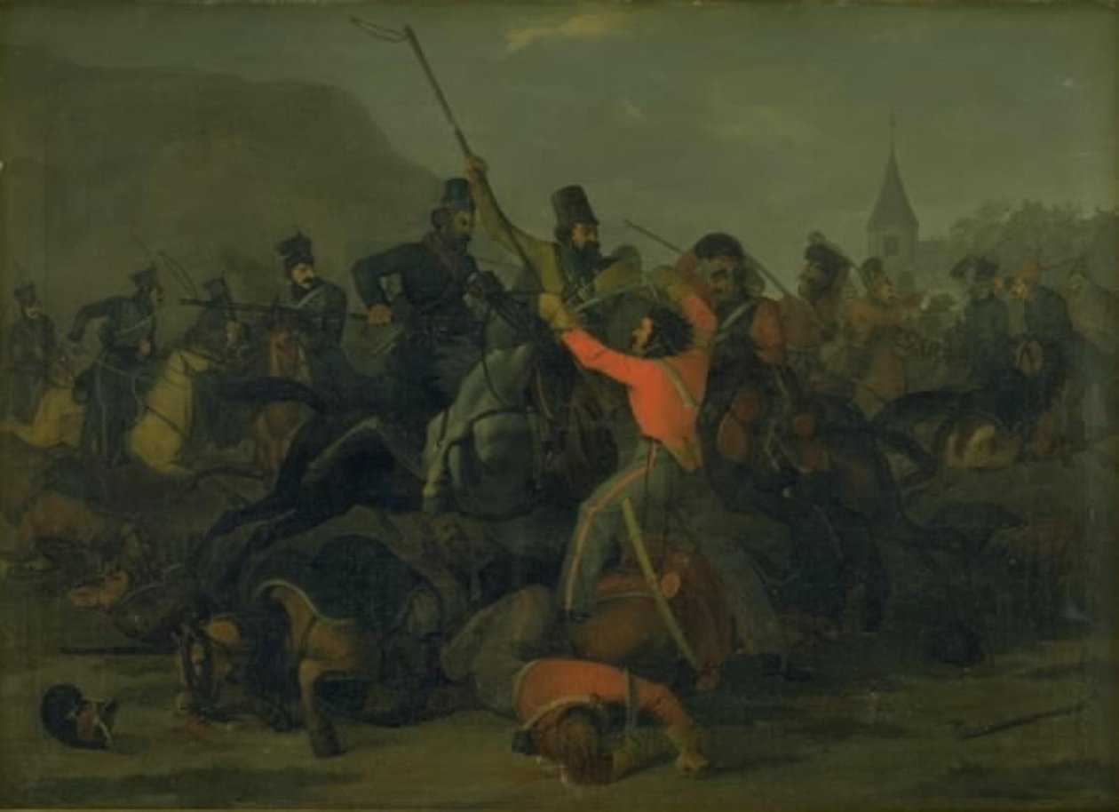Boncke Bönnichsen ezredes bukása 1813. december 6-án a jütlandi dragonyosok és a kozákok párharcában alkotó: Jørgen V. Sonne
