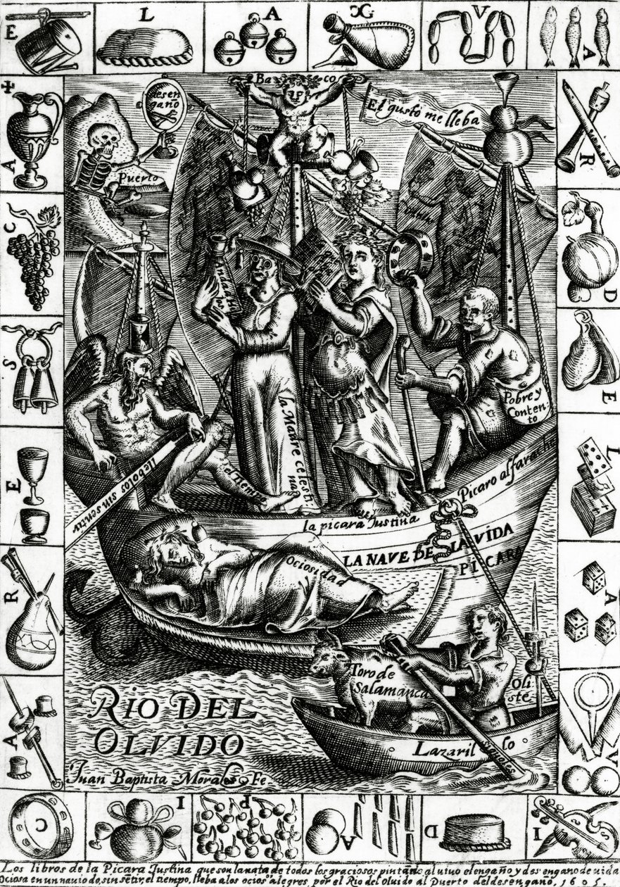 Francisco Lopez de Ubeda „La Picara Justina” első kiadásának borítója, 1605-ben alkotó: Juan Bautista Morales