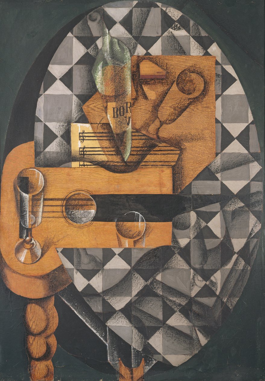 Gitár, palack és üveg, 1914 (ragasztott papírok, gouache és zsírkréta, vászon) alkotó: Juan Gris
