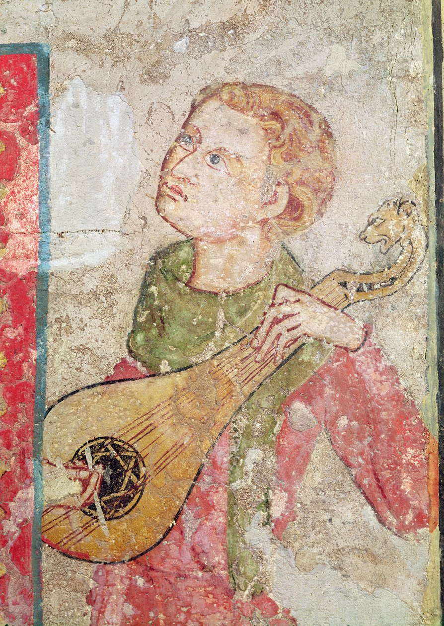 A női szentek a sírnál és a feltámadás, a Mandore Player részlete, 1330 alkotó: Juan Oliver