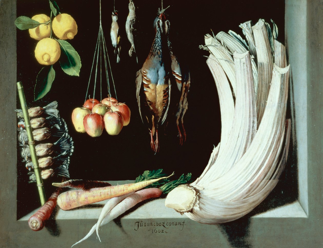 Csendélet döglött madarakkal, gyümölcsökkel és zöldségekkel, 1602 alkotó: Juan Sanchez Cotan