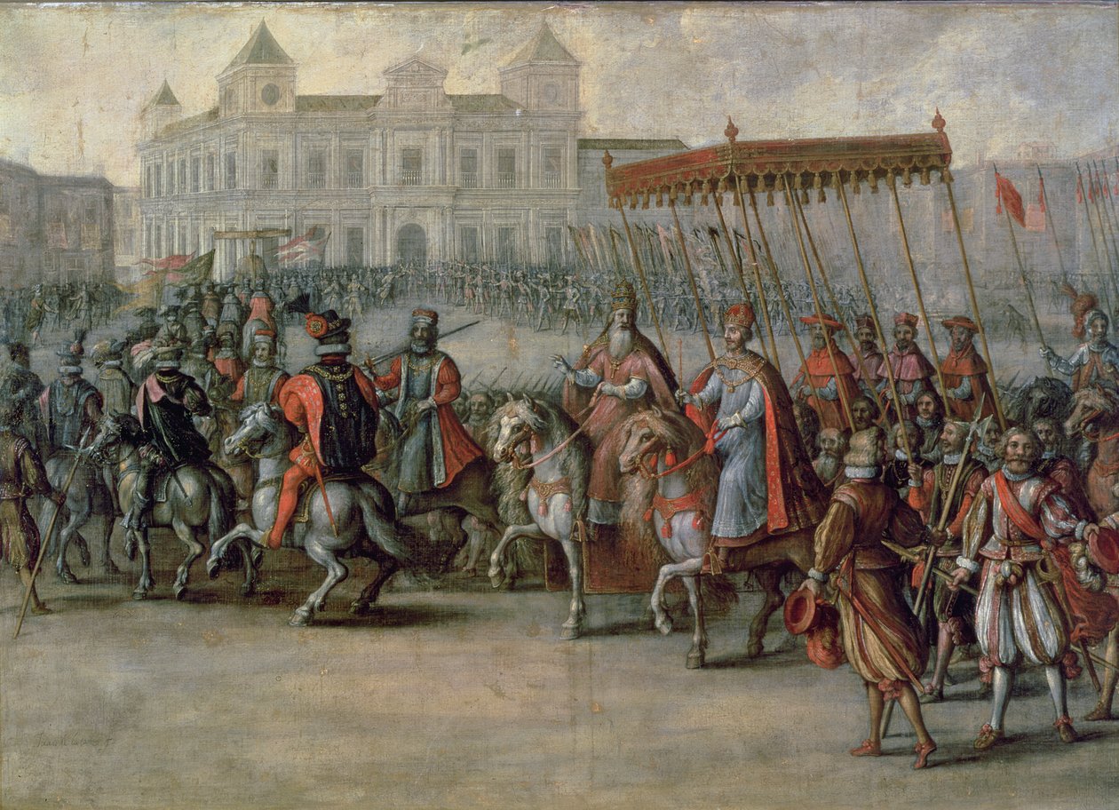 V. Károly (1500-58) bejárata Bolognába koronázása céljából alkotó: Juan de la Corte