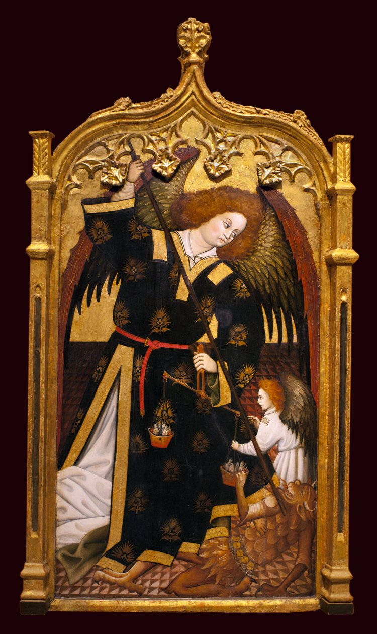 Szent Mihály arkangyal. Juan Hispalense-nek tulajdonított festmény (15. század), olaj és arany fán, 1480 körül. Szépművészeti Múzeum Sevillában, Spanyolországban. alkotó: Juan (attributed to) Hispalense