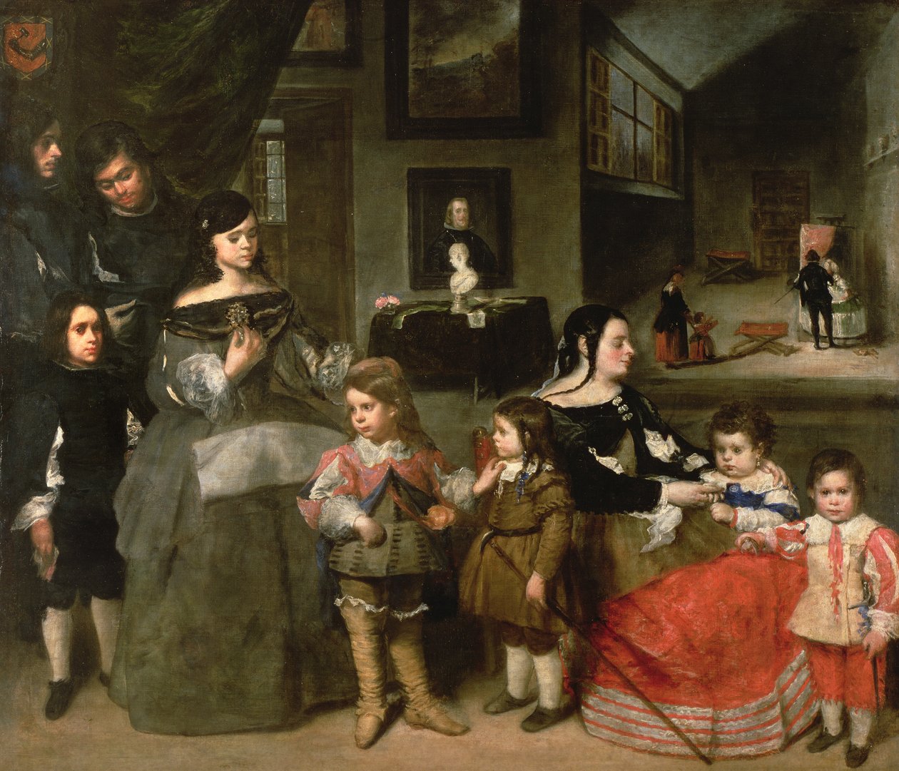 A Művészcsalád, bal oldalon a művész első házasságából született négy gyermek Diego Velasquez, Gaspar, Melchior, Baltasar és Maria Teresa lányával; jobb oldalon második felesége Ferenc alkotó: Juan Bautista Martinez Del Mazo