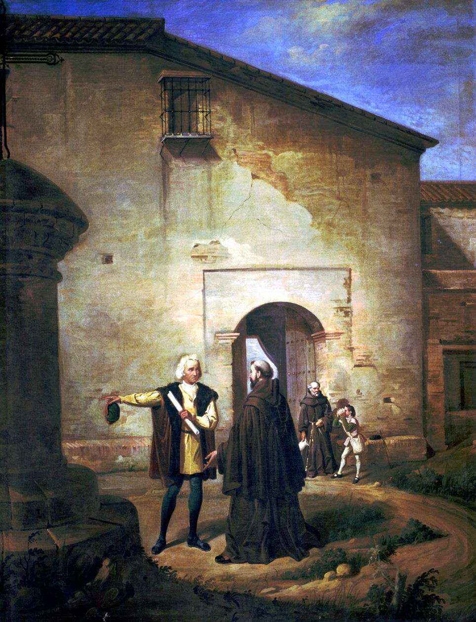 Kolumbusz és fia, Diego érkezése a La Rabida korszakbeli kolostorba 1485-ben (olaj, vászon) alkotó: Juan Cabral Bejarano